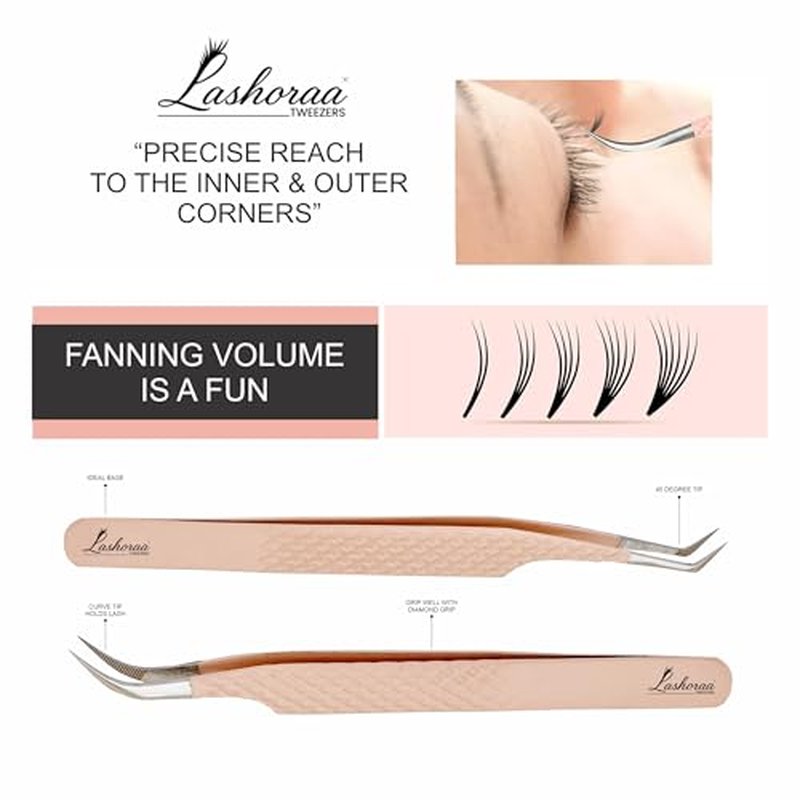LASHORAA Professional 5pc Lash Extension Tweezers Pack - Fiber Tip Diamond Grip Japanese Steel, Precision Angled Tips - Perfect for Volume & Mega Volume Lashes with Leather Pouch (Peach)