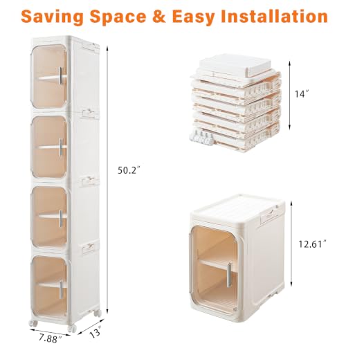 AntStep 4-Tier Slim Bathroom Storage Cabinet - Tall Narrow Organizer with Wheels, Adjustable Shelves, Cream White