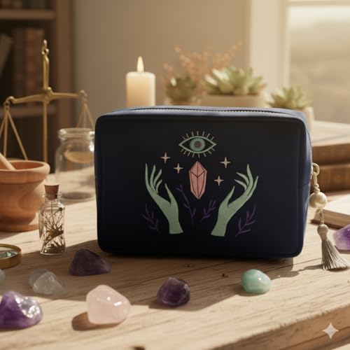Velvet Zipper Pouch for Tarot Decks Crystals and Makeup - Mystical Organizer with Embroidery