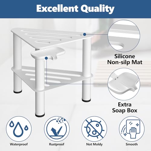 Metal Corner Shower Foot Stool with Soap Box, Rust-Proof, Shower Foot Rest Bench for Inside Shower Shaving Legs, Small Step Stools with Storage Shelf, Non-Slip Bath Stool (White)
