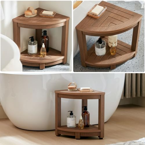 Corner Shower Stool with Storage and Adjustable Feet - Waterproof Plastic Seat for Shaving, Brown