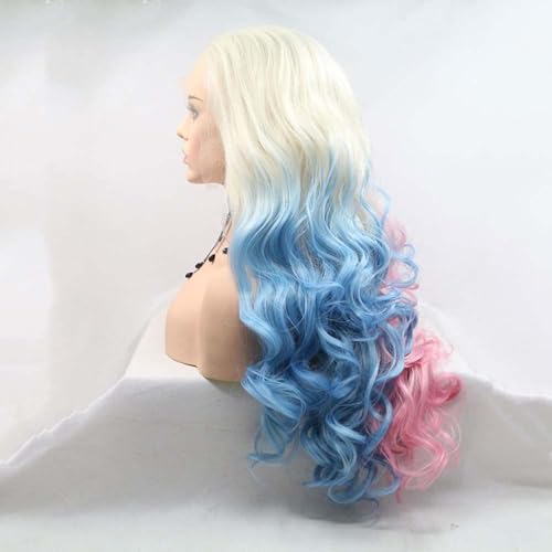 Xiweiya 24in Long Wavy Lace Front Wig for Women - Platinum Blue Pink Ombre Synthetic Hair, Heat Resistant, Cosplay Halloween