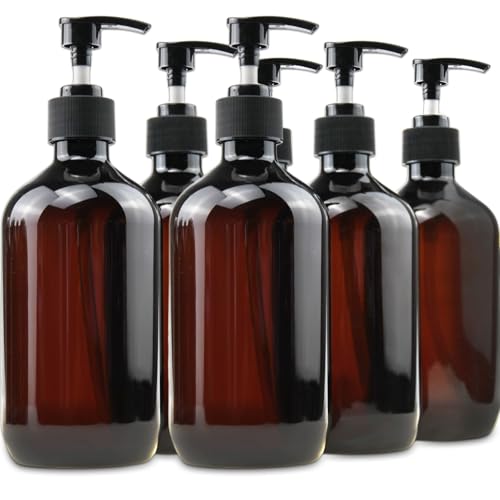 6-Pack 500ml Amber Plastic Pump Bottles with Dispenser - Reusable & BPA Free