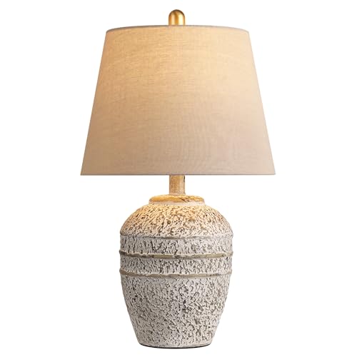 Farmhouse Ceramic Table Lamp with Linen Shade, Natural Earth Tone Finish