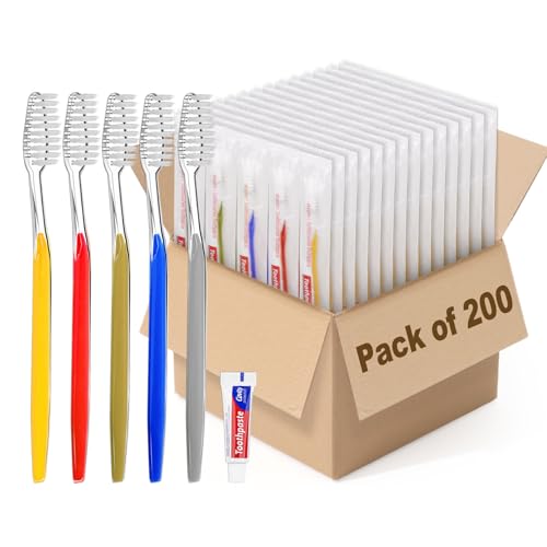 Fafortune 200 Disposable Toothbrushes with Toothpaste - 5 Colors, Individually Wrapped, Travel & Hotel Use