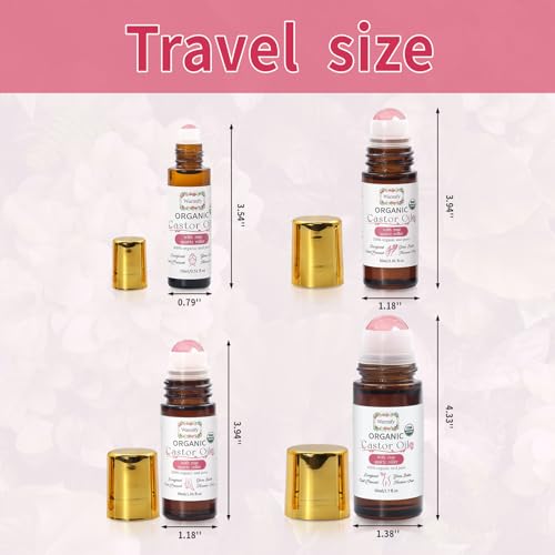 Castor Oil with Rose Quartz Roll-On 4 Pack for Face Body Hands Feet - Organic Moisturizer & Relaxation Set (1.06 Fl Oz Each)