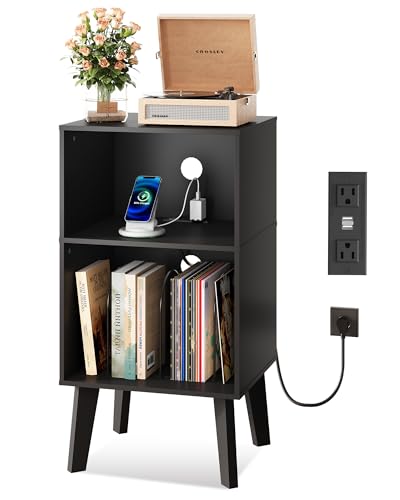 Record Player Stand with Charging Station - Mid Century Tall Nightstand