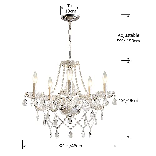 Modern Crystal Chandelier Pendant Light - 5 Lights, 19 Inch, Clear W19" 1 Tier