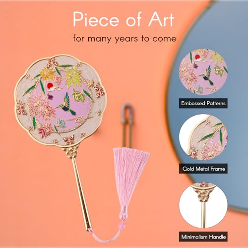 Hummingbird Gold Hand Mirror with Embossed Patterns - Elegant Metal Makeup Mirror, Compact & Portable