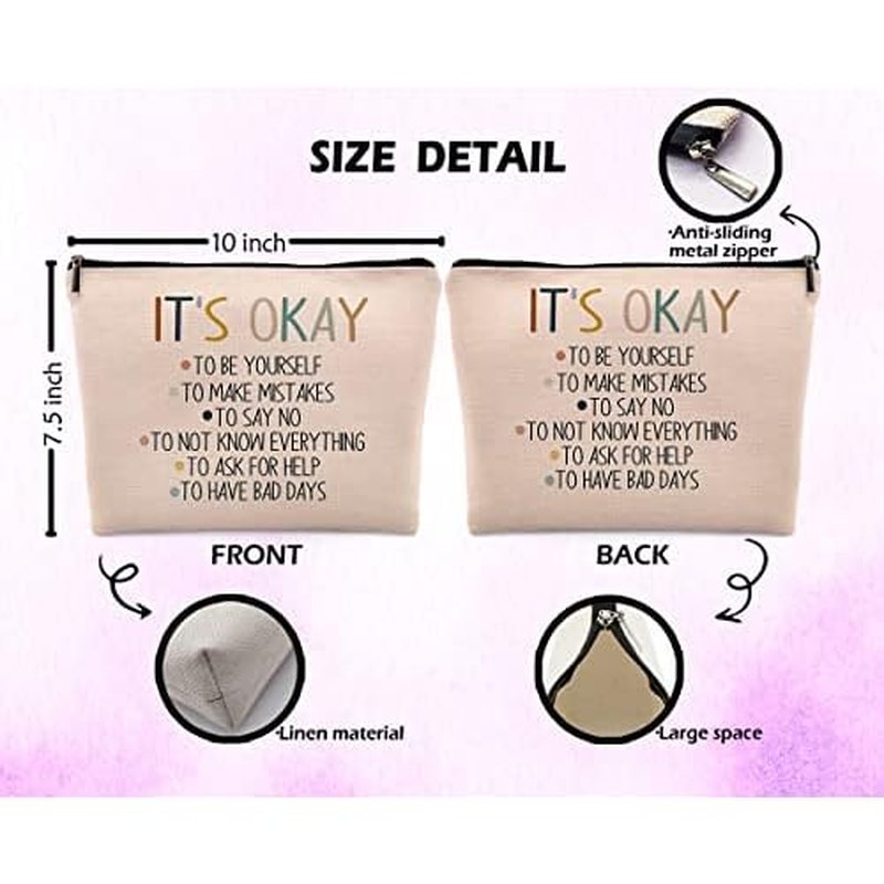 It's Okay to Be Yourself Mental Health Makeup Cosmetic Bag£¬Motivational Self Care Linen Makeup Travel Toiletry Bag, Boho Inspirational Art Cosmetic Bag Gifts For Teen Girls Teens Counselor