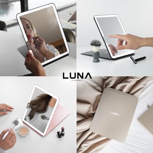LUNA London Eclipse LED Lighted Travel Vanity Makeup Mirror | 3 Colour Light, Compact, Portable, Lighted, Rechargeable, Illuminated Mirror | Perfect for Travel, Makeup & Beauty Needs | Chalk Grey