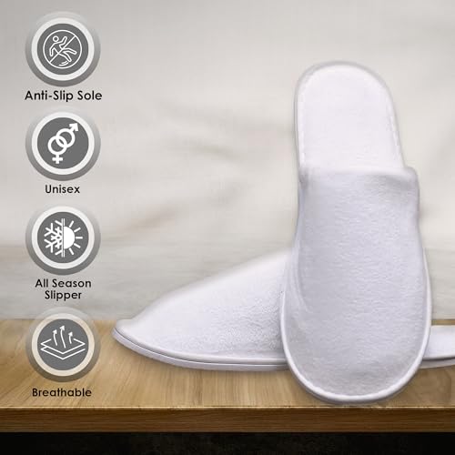 Modlux Spa Slippers, 12 Pairs Cotton Velvet Closed Toe Disposable Slippers for Guests, Bathroom, Bedroom, Hotel, House, Bride, Travel and Shoeless Home (6 Large 6 Medium) White