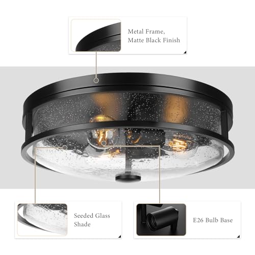 Black 16 Inch Large Flush Mount Ceiling Light Fixture with Seeded Glass - Farmhouse Indoor Outdoor Lamp - Rosient ROS88