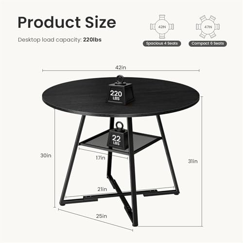 DUMOS 42-Inch Round Kitchen Dining Table with Storage - Black, Modern Design