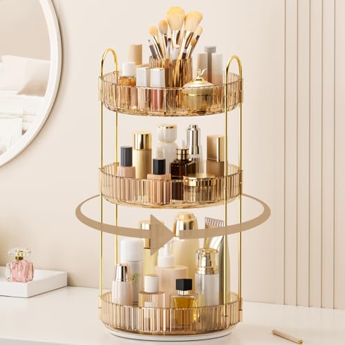 360¡Æ Rotating Makeup Organizer, Upgraded 3 Tier Skincare Perfume Organizers for Women, Bathroom Organizer Countertop, Clear Cosmetic Dresser Organizer with Makeup Brush Holder, Sink&Counter(Amber)