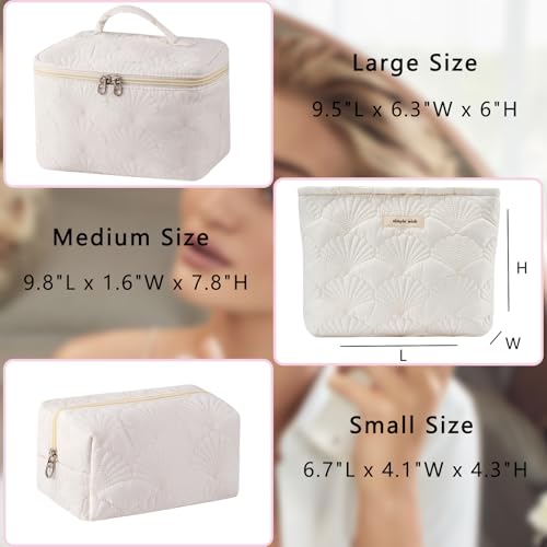 3-Pack Quilted Cotton Seashell Makeup Bags - Travel Toiletry Organizer, White (Variation 08)