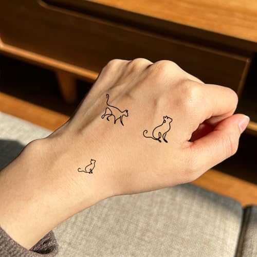 Cats Semi Permanent Tattoo, 2 Sheets Small Minimalist Fine Line Cat Temporary Fake Tattoos, Lasts 7-15 Days, Waterproof and Non-Reflective, Body Art Stickers for Women Men Adults