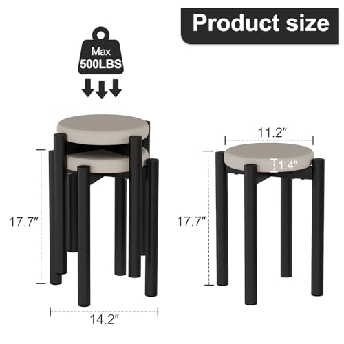 18 Inch Stackable Metal Stool Set of 2 with Cushions - Space-Saving Kitchen & Dining Chairs, Black