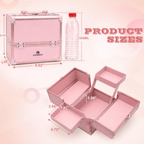Pink Makeup Box with Locking Latches - 8.6 Inch 2-Tray Organizer (Minimalist Variation)