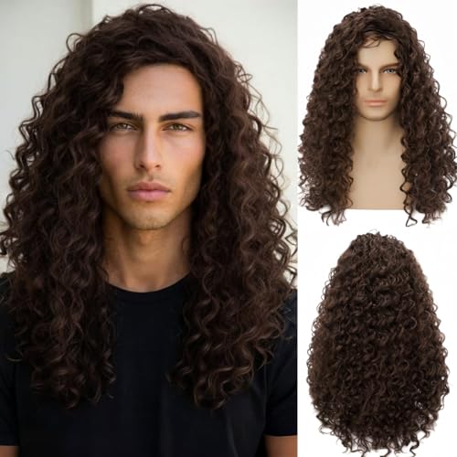 Mens Brown Curly Synthetic Wig - Fluffy Long Halloween Cosplay Hair - Variation Brown-3