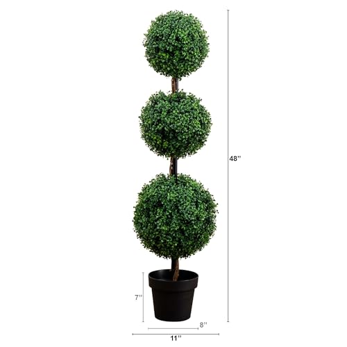 Nearly Natural 4 ft Artificial Triple Ball Boxwood Topiary Tree with Pot - Green