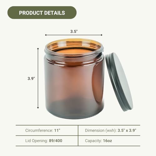 Glass Amber 16oz Jar - 12 Packs, Empty Round Jars For Beauty Products, Lotion, and Powders - Black Lid - Small Candle Jars