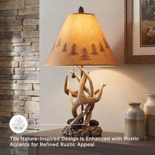 Set of 2 Rustic Table Lamps with Faux Rock and Pinecone Accents - Mountain Retreat Style, Silhouette Shade, 14.25 Inch