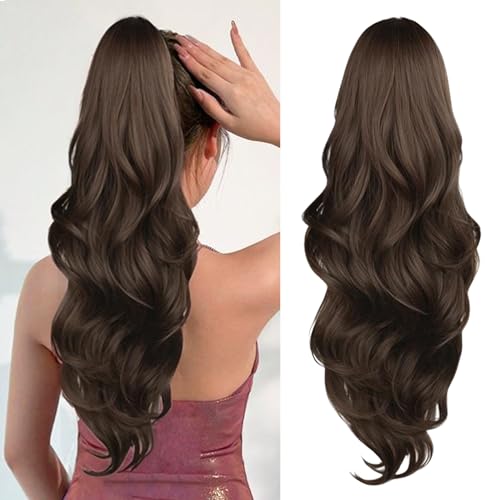 26 Inch Medium Brown Drawstring Ponytail Extension for Women Long Wavy Layered Hair