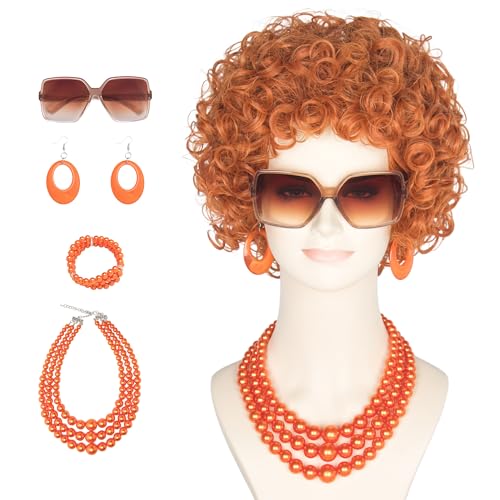 Women's Short Curly Red Brown 70s Wig with Orange Jewelry & Sunglasses - Variation of THIS listing