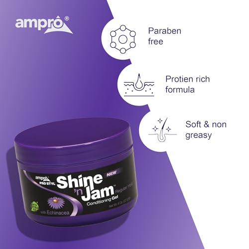 Ampro Shine-n-Jam Regular - Infused with Echinacea to Encourage Hair Growth - Great for Taming Fringe, Ponytails, Soft Weaves, and Braids - Keeps Tresses Firm with Non-Greasy Shine - 8 Oz
