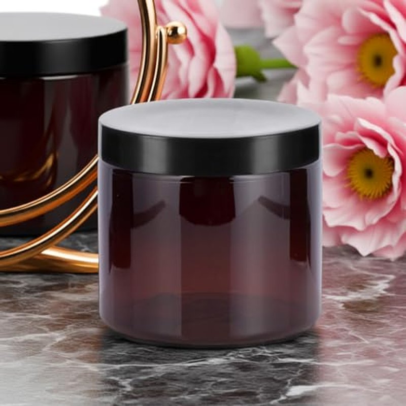(8 Pack) 16 oz Amber Plastic Wide Mouth Jar with Black Lids