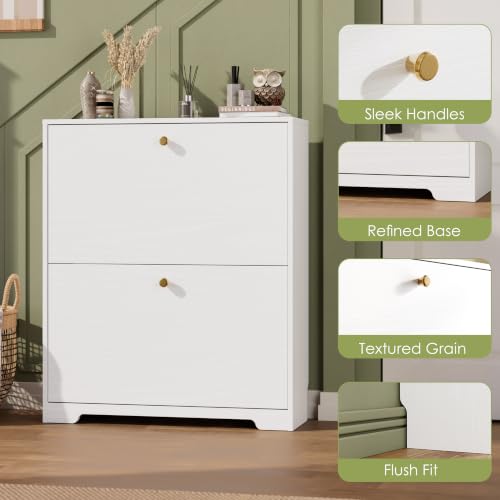 Nicetree White Shoe Cabinet with 2 Flip Drawers, Narrow Entryway Organizer