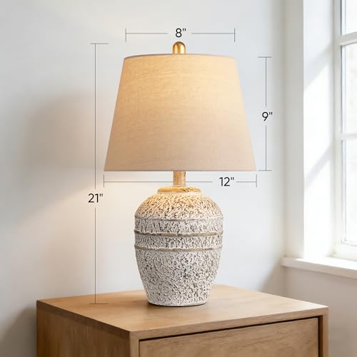 Farmhouse Ceramic Table Lamp with Linen Shade, Natural Earth Tone Finish