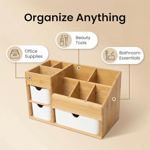 Bamboo Makeup Organizer with 3 Drawers, Dresser Cosmetic Organizer Box,Bamboo Desk Organizer for Home with Adjustable Dividers£¨11.5x5.4in£©