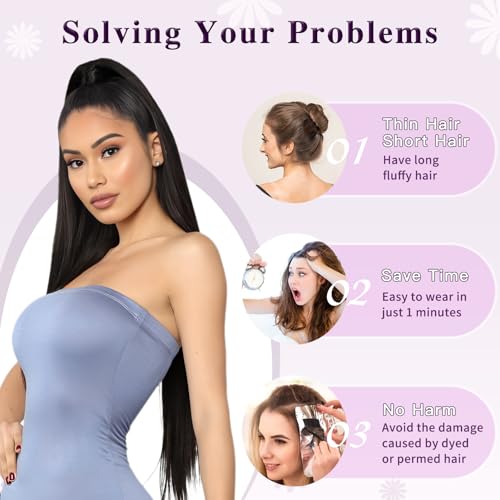 Long Straight Ponytail Extension 32 Inch Black Drawstring Hair for Women