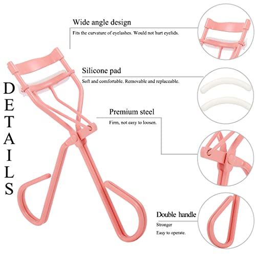 Uranian Eyelash Curlers with Built-in Comb Beauty Eyelashes Curlers Eyelash Cliper with 2 Replacement Silicone Refill Pads Premium Lash Curler Makeup Tool for Women and Girls (1 Pink-White Comb)