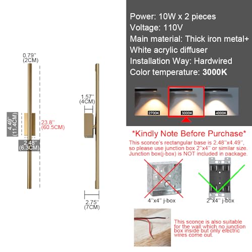 24 Inch Narrow Gold Wall Sconce Set of 2 - Suitable for Small Junction Box, Modern Picture Lights, Dimmable Vanity Lights for Bathroom & Bedroom - Variation: 24 Inch Suitable for Small Junction Box Only / 2X Hardwired Gold Sconce