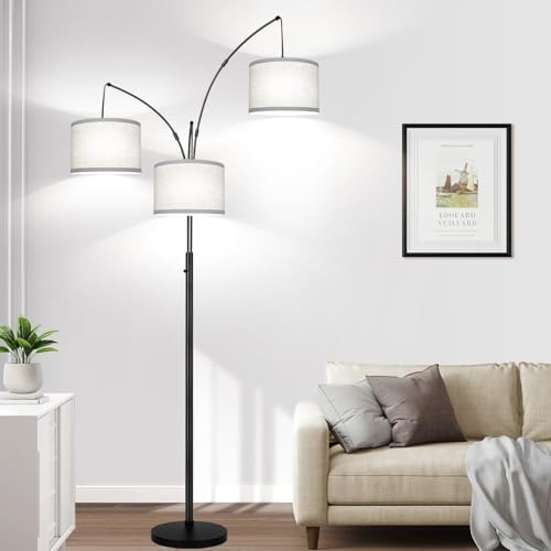 Dimmable Arc Floor Lamp with Grey Linen Shades - Matte Black Metal Finish, 3 Lights, Tall Standing Tree Design