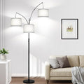 Dimmable Arc Floor Lamp with Grey Linen Shades - Matte Black Metal Finish, 3 Lights, Tall Standing Tree Design