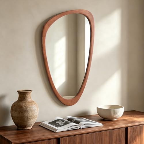 Walnut 30x19 Inch Asymmetrical Wooden Wall Mirror - Pebble-Shaped Mid-Century Decor