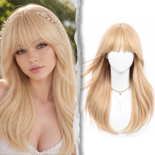 Creamy Platinum Blonde Wig 22" Long Layered Style with Bangs - High Volume & Realistic Hairline