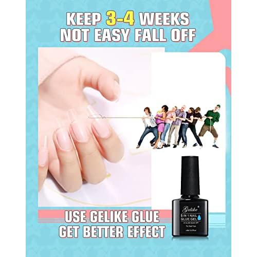 Gelike EC Medium Square Soft Gel Full Cover Tips Kit with 6 in 1 Nail Glue Gel