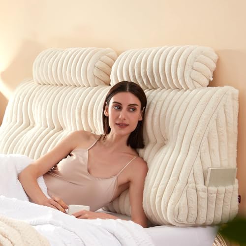 Beige Faux Fur Headboard Pillow Set with 2 Neck Rolls - Queen Size