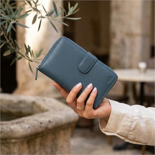Mou Meraki Big Fat RFID Blocking Leather Organizer Checkbook Wallet for Women – Teal Blue Clutch