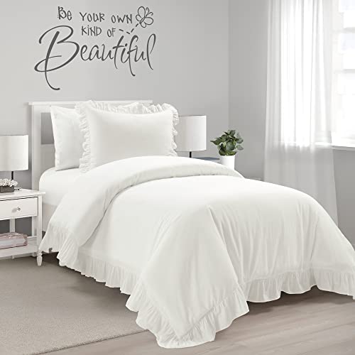 Twin XL Duvet Cover Set with Ruffled Border - White Cotton Bedding for Dorm & Teen Rooms
