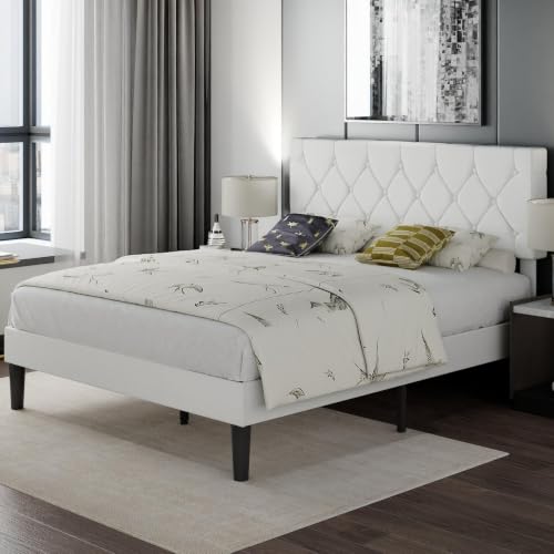 Queen Bed Frame with Upholstered Tufted Headboard - White, Adjustable & Noise-Free