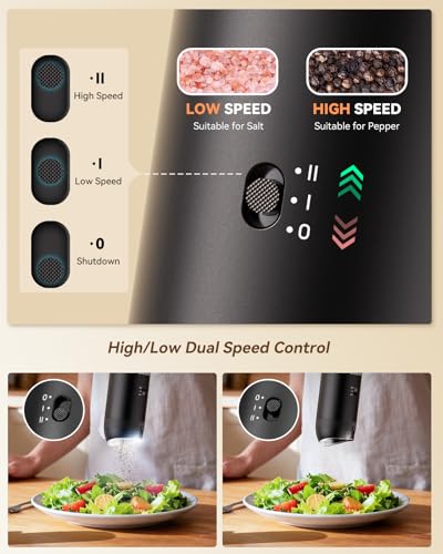 WONMAKE Gravity Electric Salt and Pepper Grinder Set Black - Dual Speed & Adjustable Coarse