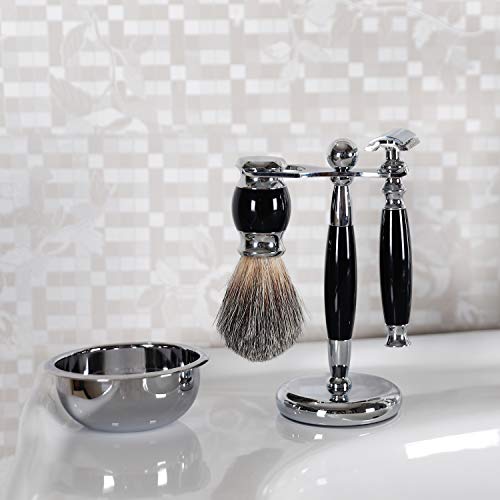 SANWA Deluxe Stainless Steel Shaving Brush & Razor Stand - Extra Wide 31mm Opening, Weighted Base, Black Handle