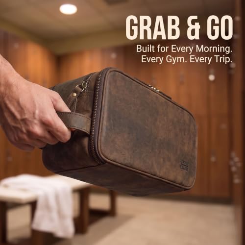 Leather Toiletry Dopp Kit Bag for Men & Women - Rustic Brown, 10in