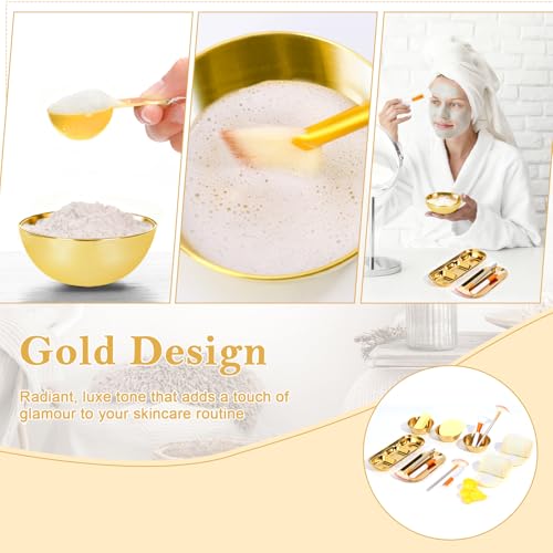 28 Gold Facial Supplies 3 Facial Mask Mixing Bowls 3 Facial Fan Brushes 3 Mask Applicator Brushes 3 Mask Measuring Spoons Skincare Tray 3-Compartment Serving Tray 12 Facial Sponges 2 Spa Headbands